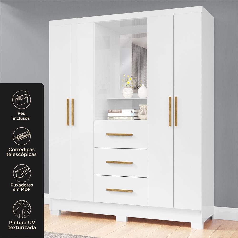 Guarda-roupa capelinha 4 portas 3 gavetas Capella com espelho - branco neve / branco neve RG139.E 