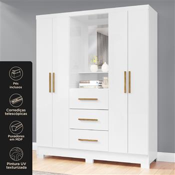 Guarda-roupa capelinha 4 portas 3 gavetas Capella com espelho - branco neve / branco neve RG139.E 