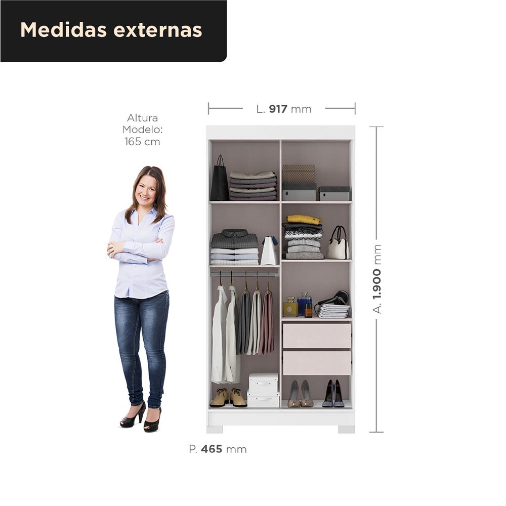 Guarda-roupa solteiro 2 portas de correr 2 gavetas Antares - branco neve / branco neve  RD041 