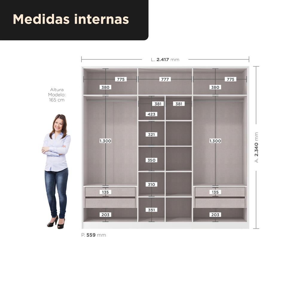 Guarda-roupa casal 6 portas 4 gavetas Barcelona - branco fosco / branco fosco RG181 