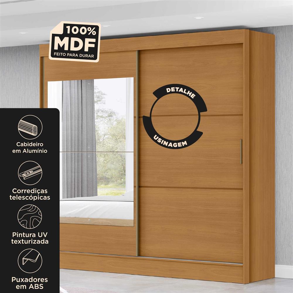 Guarda-roupa casal 2 portas de correr com 3 gavetas Palermo - com espelho - cinamomo / cinamomo RD057.E 