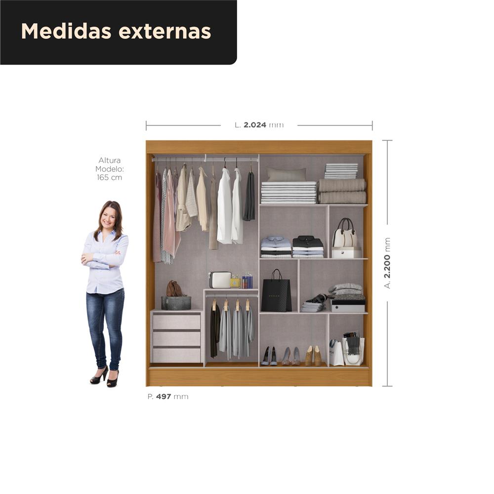 Guarda-roupa casal 2 portas de correr com 3 gavetas Palermo - cinamomo / cinamomo RD057.E 