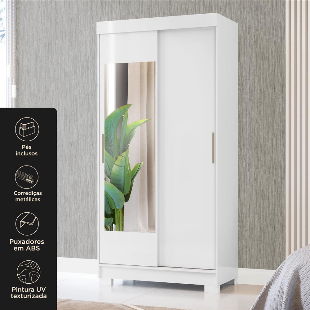 Guarda-roupa solteiro 2 portas de correr 2 gavetas Antares - com espelho - branco neve / branco neve  RD041.E 