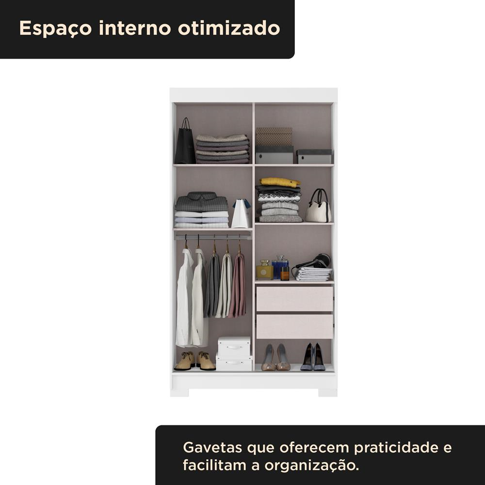 Guarda-roupa solteiro 2 portas de correr 2 gavetas Antares - com espelho - branco neve / branco neve  RD041.E 