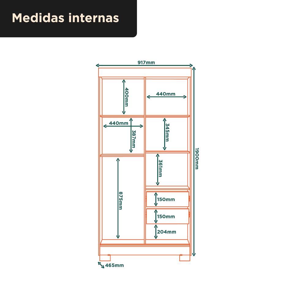 Guarda-roupa solteiro 2 portas de correr 2 gavetas Antares - com espelho - branco neve / branco neve  RD041.E 