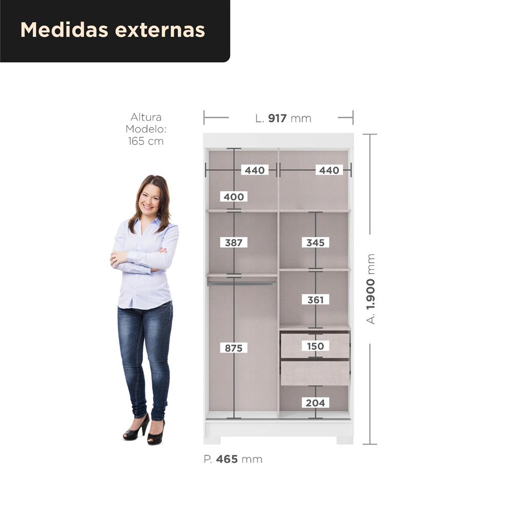 Guarda-roupa solteiro 2 portas de correr 2 gavetas Antares - com espelho - branco neve / branco neve  RD041.E 