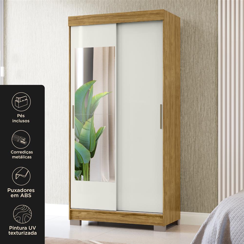 Guarda-roupa solteiro 2 portas de correr 2 gavetas Antares - com espelho - marrocos / off-white  RD041.E 